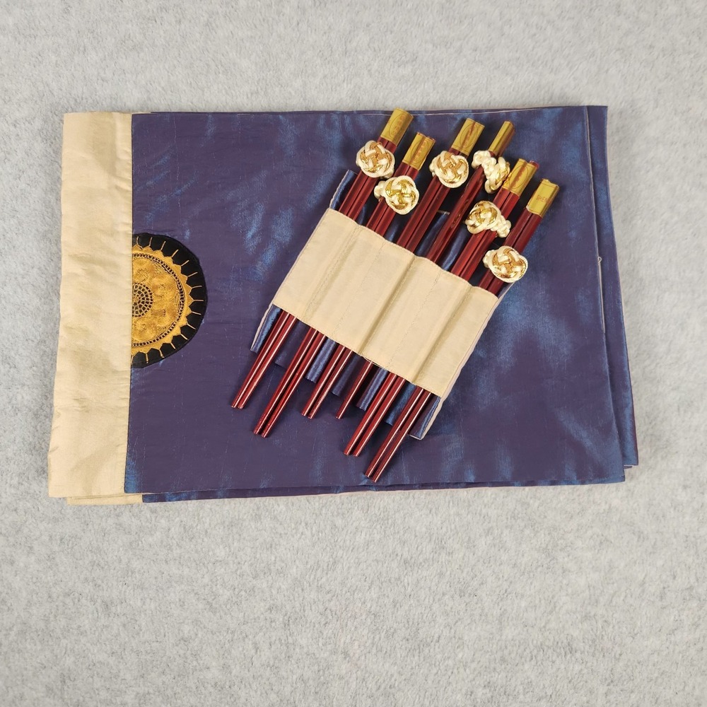 Vintage Chinese Chopstick Set – 6 Pairs + 6 Silk Placemats in Wrap Pouch‎